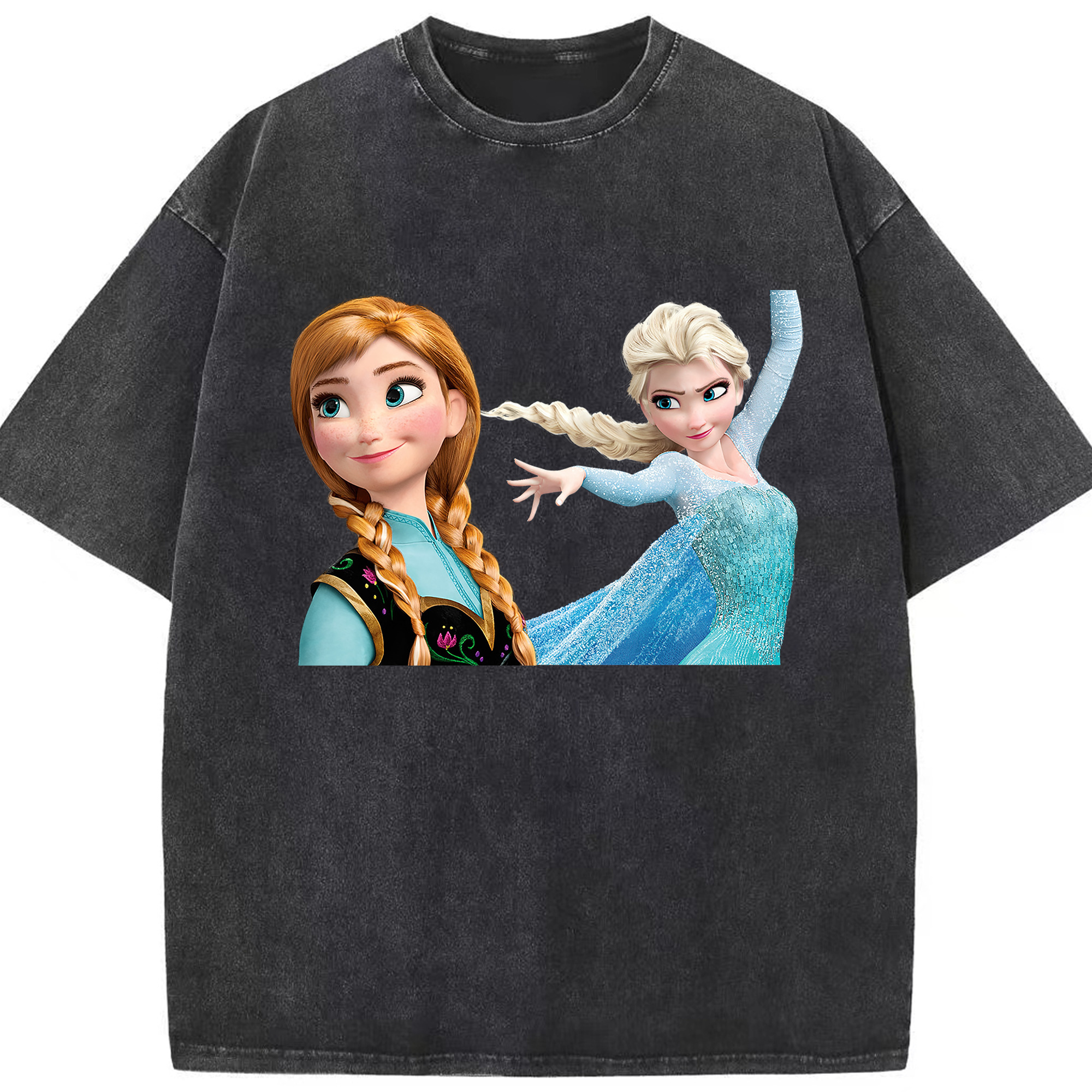 （画像用） アナと雪の女王 アンナ エルサ Frozen Anna Elsa 綿100% ヴィンテージ風 半袖Tシャツ（フロントプリント）